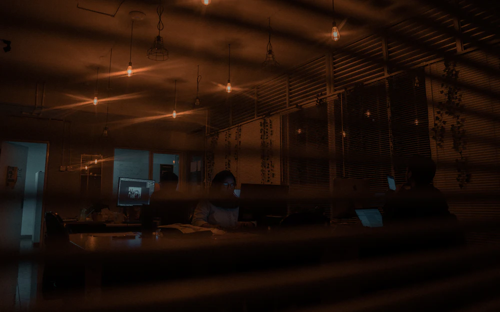 An office at night with the lights still on