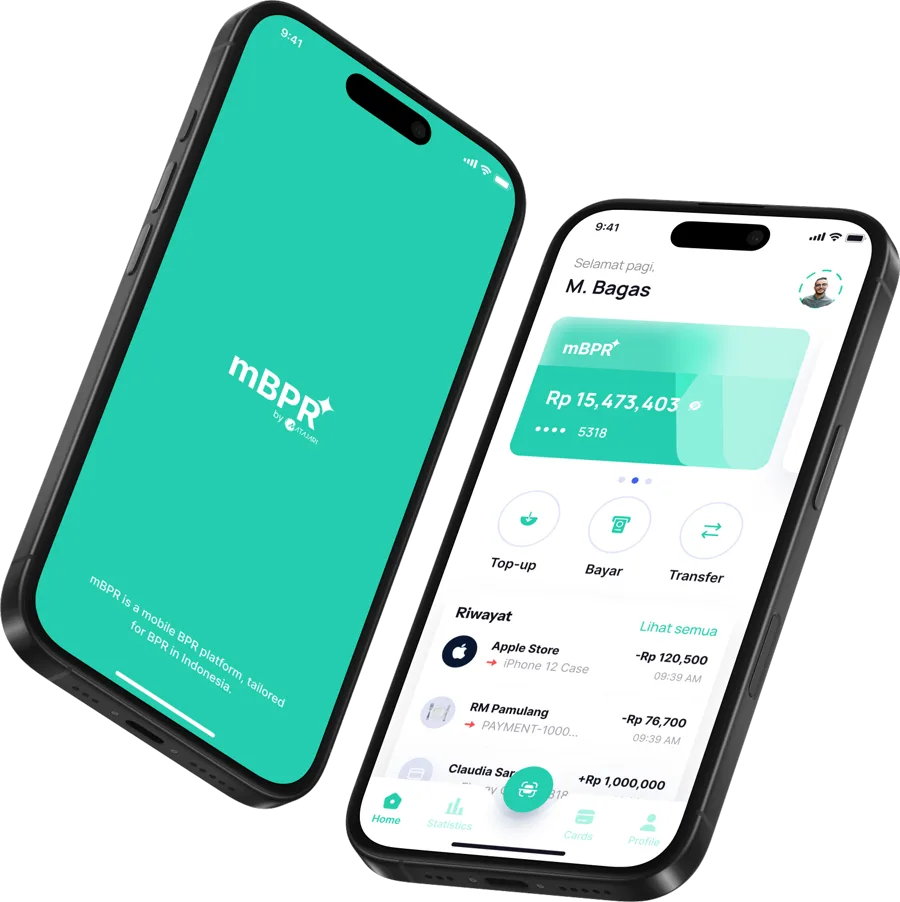 The mBPR app: splash screen and home screen with balance, top-up, pay and transfer