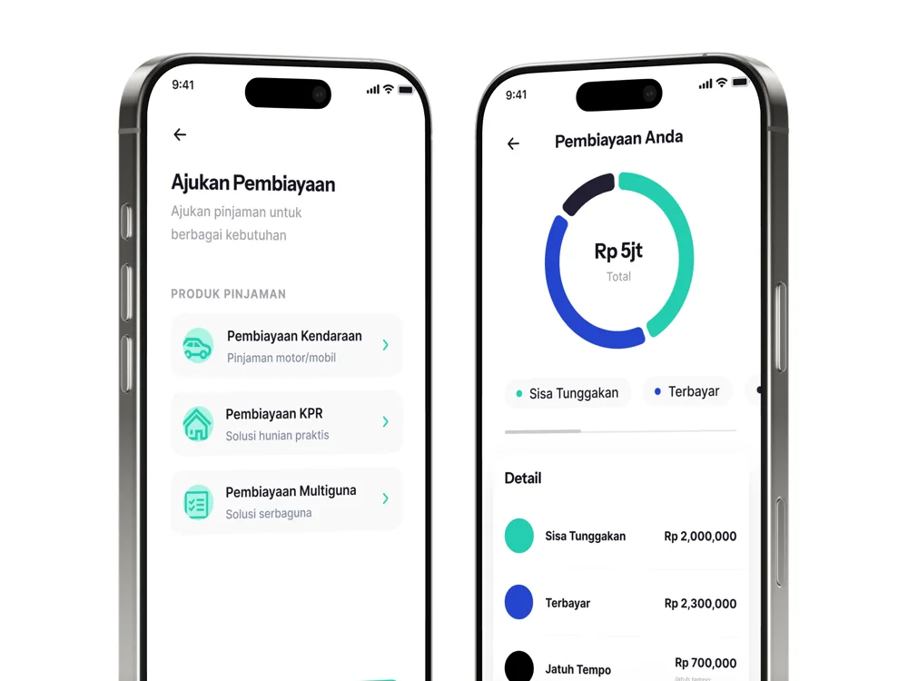 mBPR app screens for applying for financing and following a financing balance